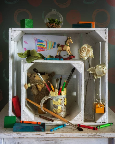 Nature Morte Avec Des Jouets Pour Enfants Des Cubes Bois — Photo