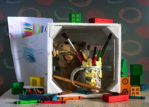 Nature Morte Avec Des Jouets Pour Enfants Des Cubes Bois — Photo