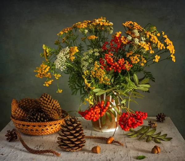 Ein Strauß Wiesenblumen Und Vogelbeerzweige Mit Roten Beerensträußen Gibt Zapfen — Stockfoto