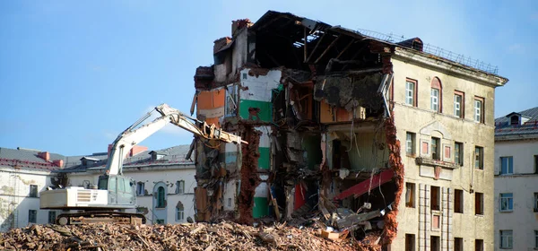 Vista Demolição Edifício Vários Andares Desmantelamento Demolição Edifícios Estruturas Destruir — Fotografia de Stock