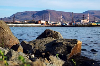 Bulanık bir görüntü. Kirlenmiş bir gölün kıyısı. Norilsk şehrindeki metalürjik bir bitkinin arka planına karşı. Odaklanma