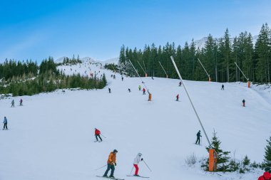 Karla kaplı bir tepenin fotoğrafı. Kalabalık ve birçok kayakçı aşağı iniyor.