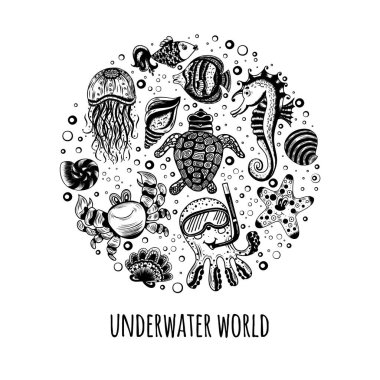 Daire çizen bir dizi deniz hayvanı. Okyanus sualtı sakinleri. Kartpostal, tişört, sabıka tasarımı. Çizim biçiminde sevimli vektör illüstrasyonu.