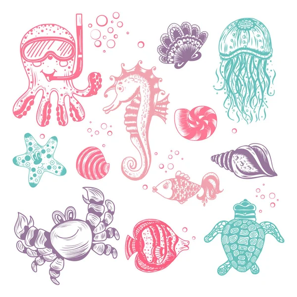 手描きの海洋動物のセット ヒトデ クラゲ ウミガメ 様々なデザインのためのベクトル漫画の海の住人 — ストックベクタ