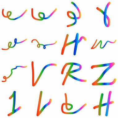 Renkli akış darbeleriyle oluşturulan oyuncu el yazısı alfabe seti