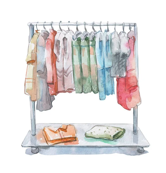 clothes rail with womans collection assortment  watercolor art