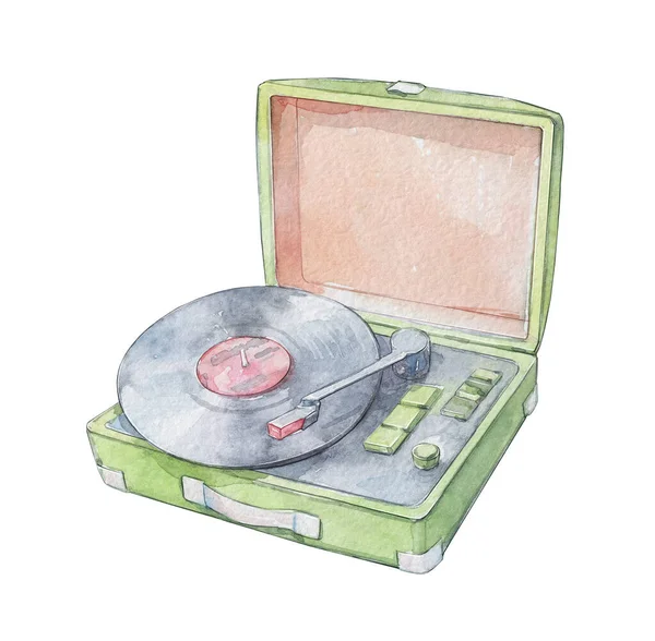 Green Record Player Plate Watercolor Art Isolated — Stock Photo, Image