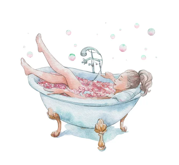Girl Resting Bathroom Flowers Watercolor Art — Stock Photo, Image