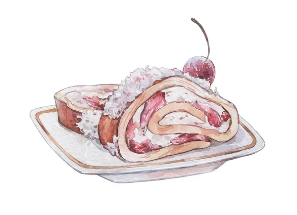 Piece Roulade Cream Cherry Watercolor Art — Stock Photo, Image