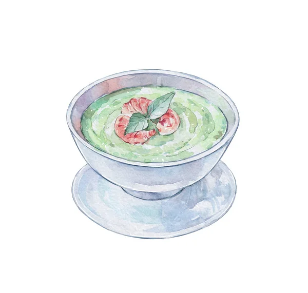 Green Cream Soup Shrimps Watercolor Art — Stock Photo, Image