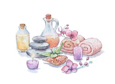 Spa seti ve aromatik masaj yağı suluboya sanat