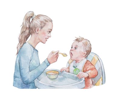 Anne, bebeği kaşıkla suluboya sanatıyla besliyor.
