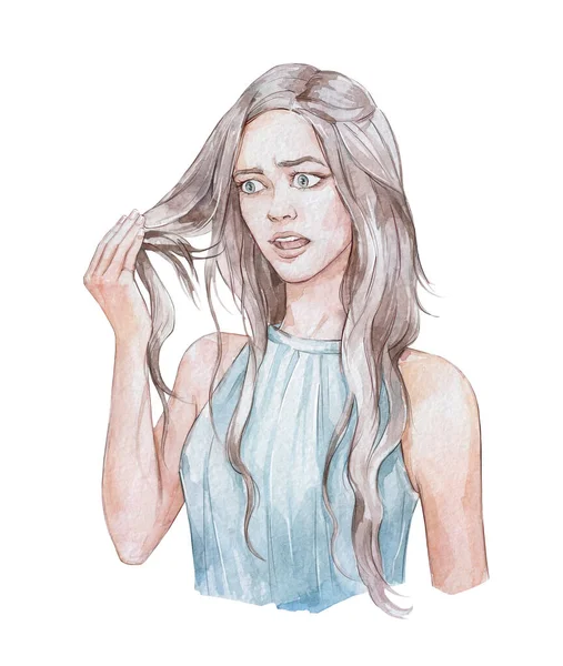 Woman Disappointied Hair Trouble Watercolor Art — Stock Photo, Image