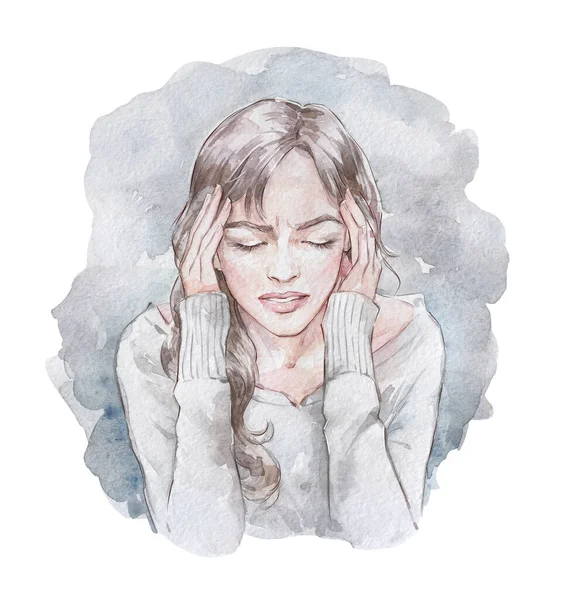 Woman Having Headache Migraine Watercolor Art — Stock Photo, Image