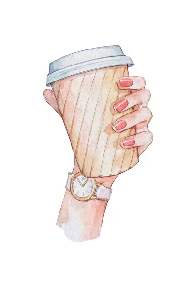 Hand Holding Paper Container Beverage Watercolor Art — Stock Photo, Image