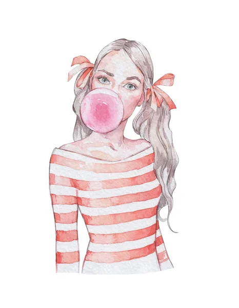 Young Woman Blowing Bubble Chewing Gum Watercolor Art — Stock Photo, Image
