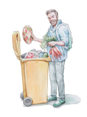 freegan man delving in trash container watercolor art clipart