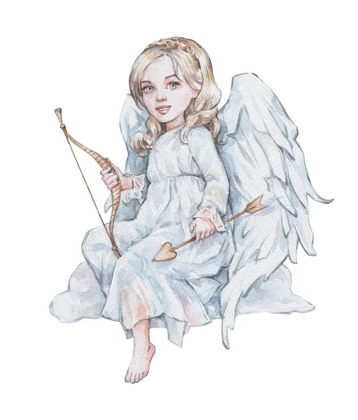 Girl Cupid Bow Arrow Watercolor Art — Stock Photo, Image