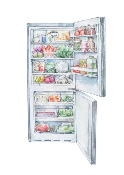 Refrigerador Cheio Alimentos Saudáveis Aquarela Arte — Fotografia de Stock