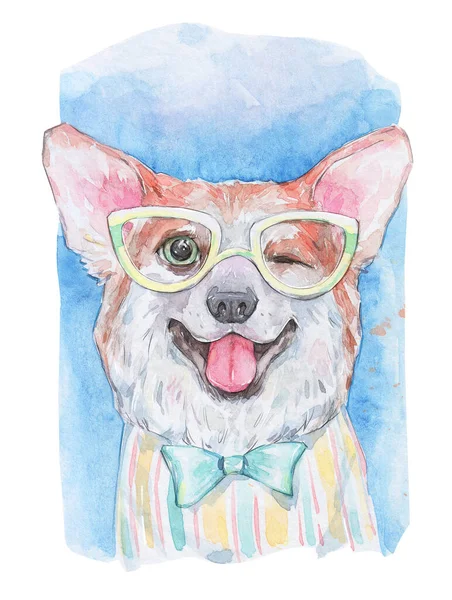 Stylish Corgi Wearing Glasses Tie Bow Watercolor Art — Stock Photo, Image