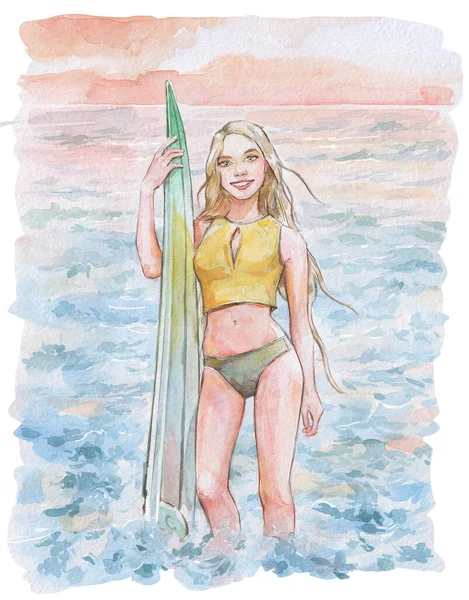 young girl posing with a surf board watercolor art