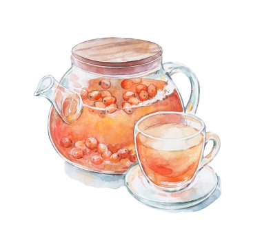 Deniz dikenli üzümlü çay ve çaydanlık suluboya sanatı.