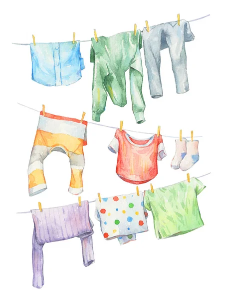 Kleurrijke Gewassen Kleding Opknoping Aquarel Kunst Geïsoleerd — Stockfoto