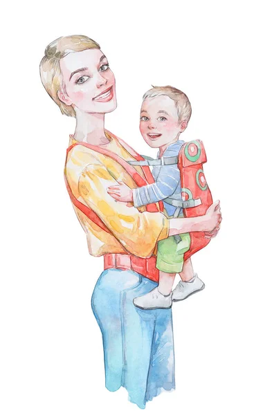 Jovem Mãe Com Pequeno Bebê Sling Arte Aquarela — Fotografia de Stock