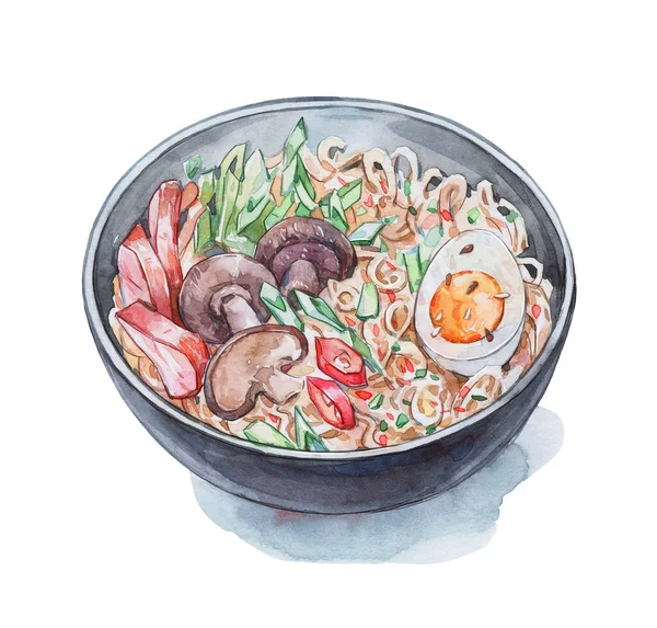 Siyah kasede et ve mantarlı ramen suluboya sanat.