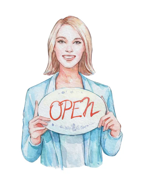 Happy Businesswoman Holding Board Open Inscription Watercolor Art — Stock Photo, Image