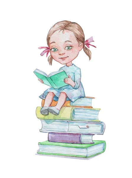 Pequena Menina Dos Desenhos Animados Sentado Uma Pilha Livro Arte — Fotografia de Stock