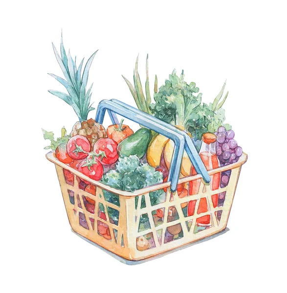 Cesta Compras Cheia Legumes Frutas Arte Aquarela — Fotografia de Stock