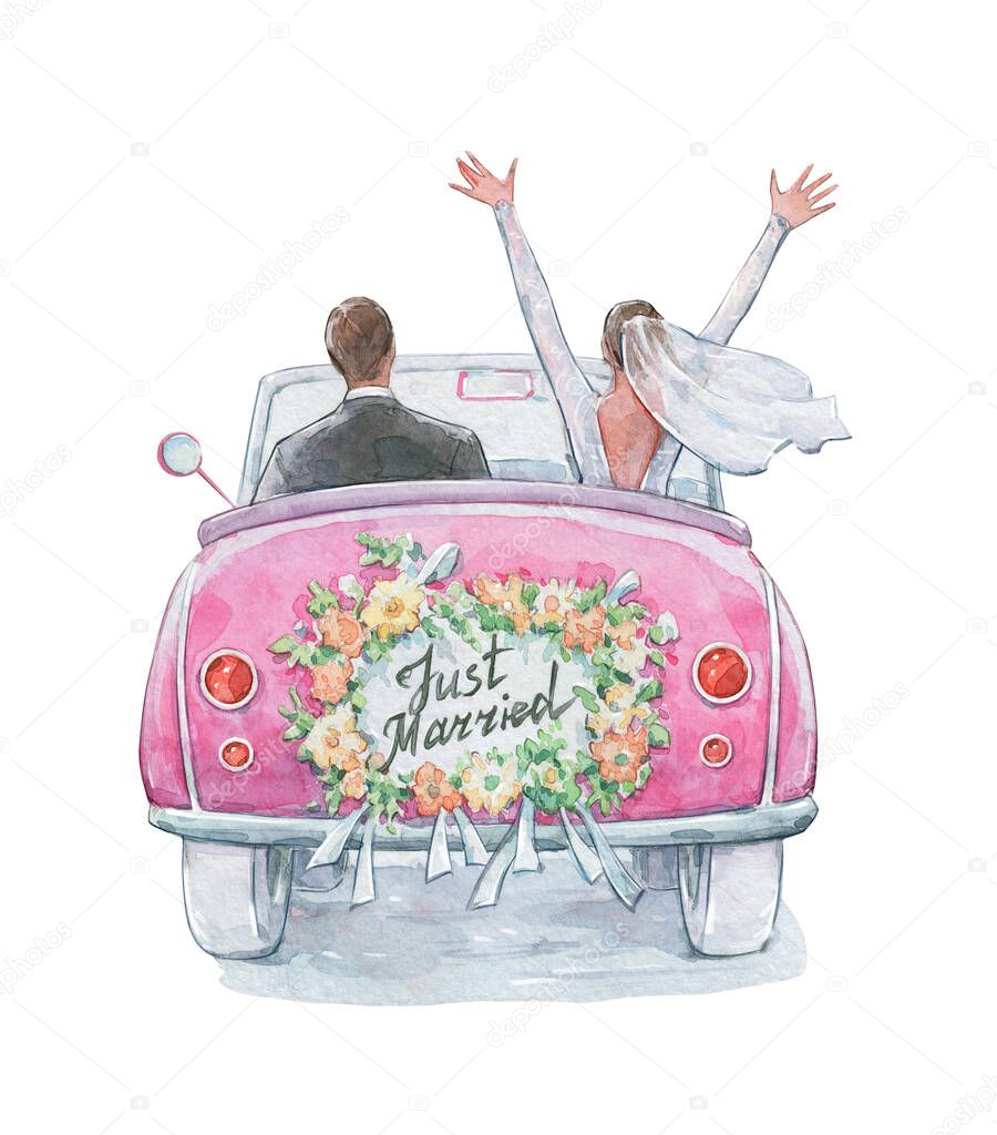just married couple in a car watercolor art