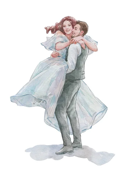 Happy Groom Carrying Bride Watercolor Art Isolated — ストック写真