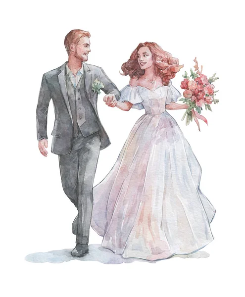 Lyckligt Gift Par Promenader Isolerad Akvarell Konst — Stockfoto