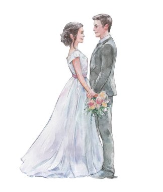 Gelin ve damat, beyaz suluboya sanatında soyutlanmış poz veriyorlar.