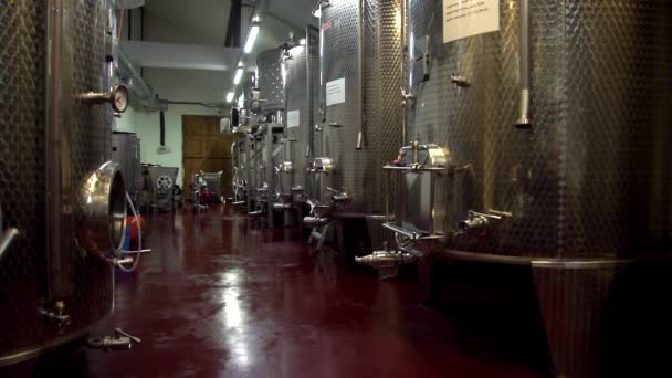 Vinařství, moderní vinařství s novými velkými nádržemi pro kvašení — Stock video