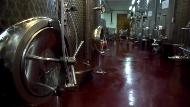 Vingård, modern vinfabrik med nya stora tankar för jäsning — Stockvideo