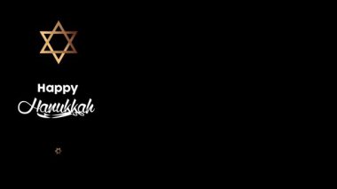 Altın menora, Davut Yıldızı sembolleri ve bayram kutlamaları için zarif siyah şenlik tasarımı ile mutlu Hanuka kutlamaları.