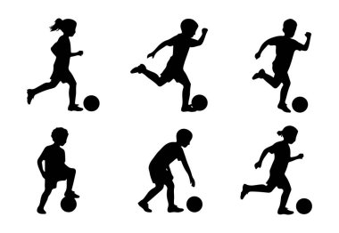 set of six kid play soccer silhouette vector. silhouettes of children playing soccer
