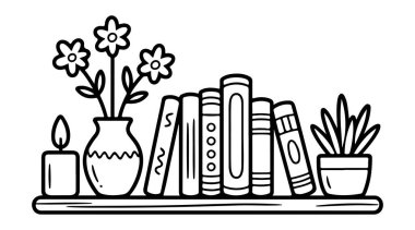 Çiçekler ve Mumlarla dolu rahat bir kitaplık dekoru. Çeşitli kitaplar ve dekoratif eşyalarla dolu ahşap bir kitaplığın ayrıntılı bir çizimi