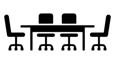 Sandalyeler ve ofis ortamındaki unsurlarla modern toplantı masası düzenlemesi. Ofis sandalyesi ve masanın vektör illüstrasyonu