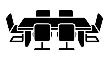 Sandalyeler ve ofis ortamındaki unsurlarla modern toplantı masası düzenlemesi. Ofis sandalyesi ve masanın vektör illüstrasyonu