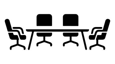 Sandalyeler ve ofis ortamındaki unsurlarla modern toplantı masası düzenlemesi. Ofis sandalyesi ve masanın vektör illüstrasyonu