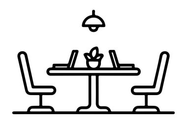 Sandalyeler ve ofis ortamındaki unsurlarla modern toplantı masası düzenlemesi. Ofis sandalyesi ve masanın vektör illüstrasyonu