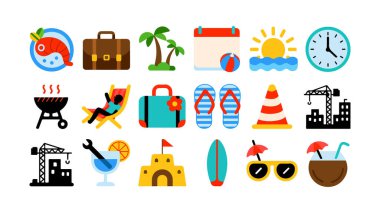 Güneş kum okyanusu ve palmiye ağacı elementlerinin yer aldığı minimalist plaj temalı simgelerin toplanması