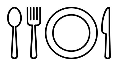 Tabak, çatal ve bıçak ikonu düz stil. Gıda sembolü izole edilmiş tabak simgesi. Beyaz zemin üzerinde siyah düz vektör çizimi. vektör illüstrasyonu