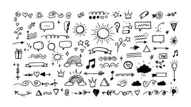 El çizimi çizim vektör seti. Eğlenceli bir web tasarımı resimlemesi için bukleli el yapımı oklar