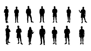 Çeşitli stil sahibi insanlar dinamik bir kompozisyonda birlikte poz verdiler. Farklı pozlardaki insanların siluetleri