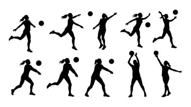 Enerjik hareket ve spor grafikleriyle voleybol oynayan dinamik kadın.